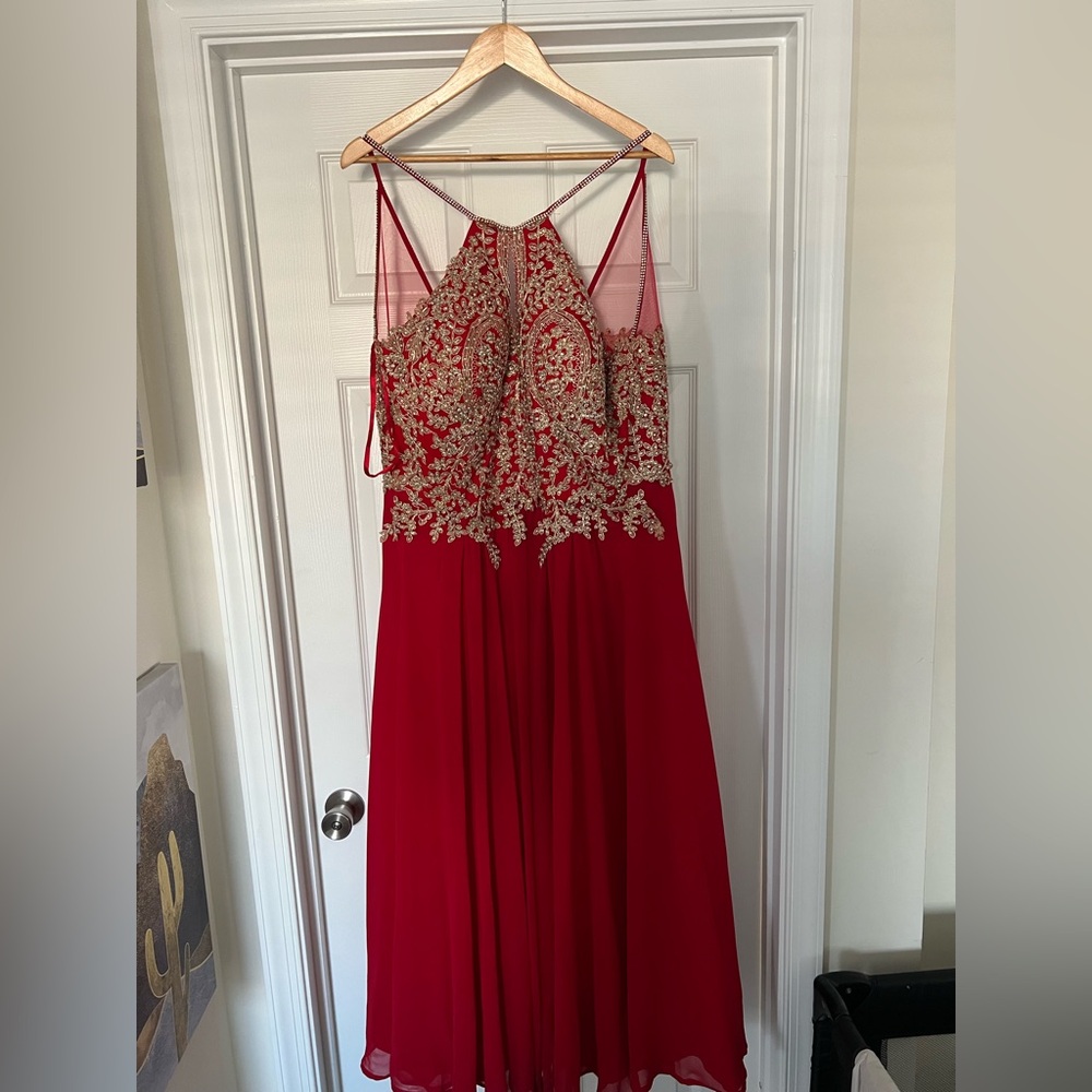 Red with gold accent elegant dress.
